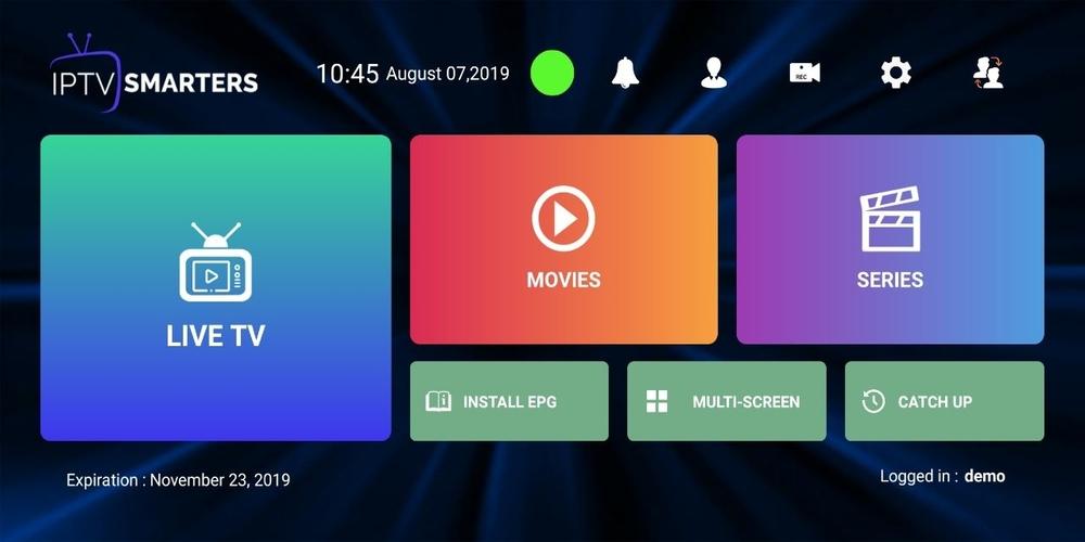 IPTV Smarters homescreen